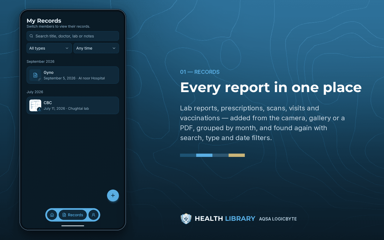 Health Library: a family medical-record app for Android screenshot